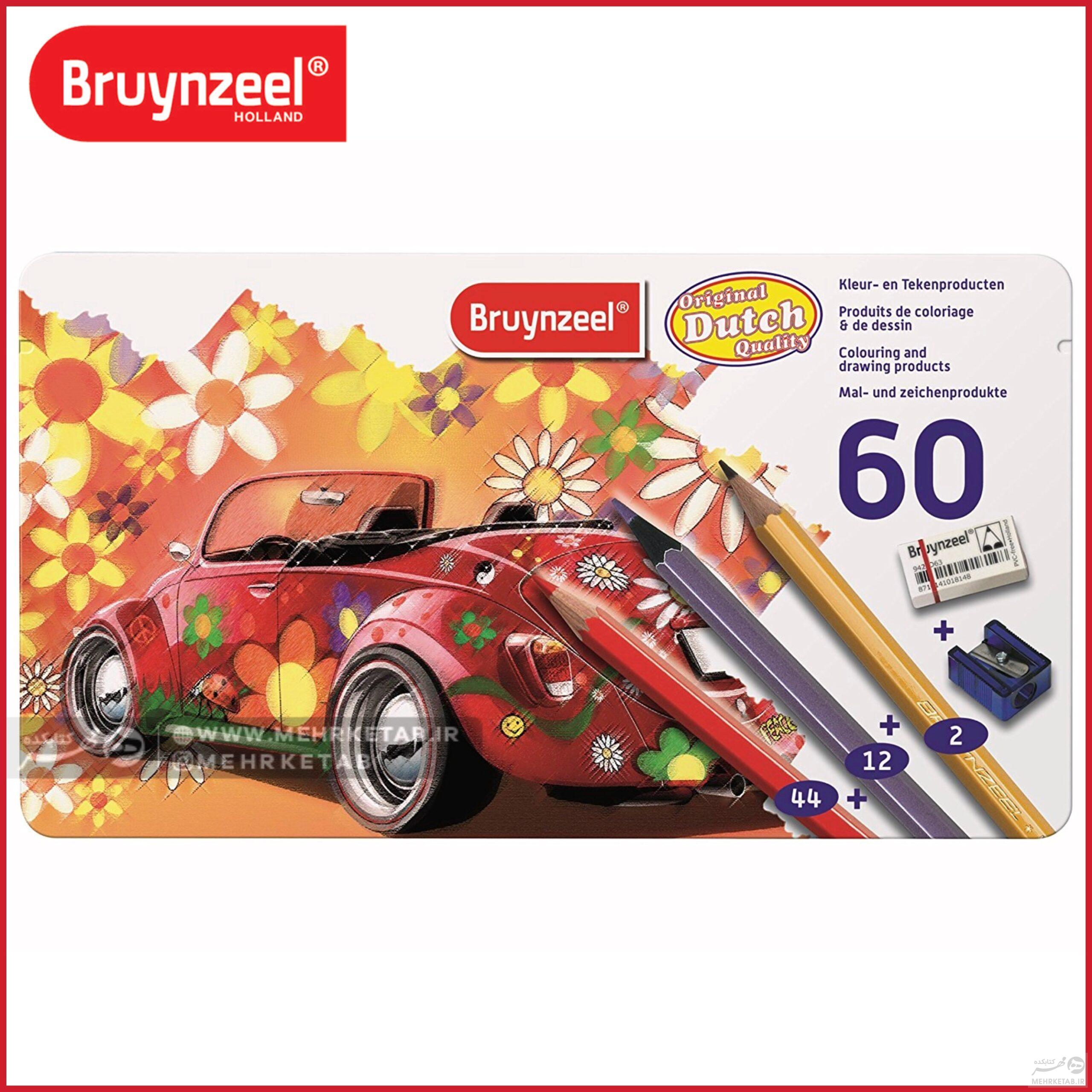 مداد رنگی 60 رنگ برونزیل به همراه تراش و پاکنBruynzeel Super Sixties Beetle Tin Set - 60 Piece Set