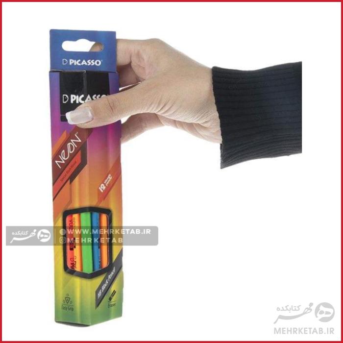 مداد تحریر پیکاسو سه وجهی پاک دار نئون با چوب مشکی بسته 12 عددی