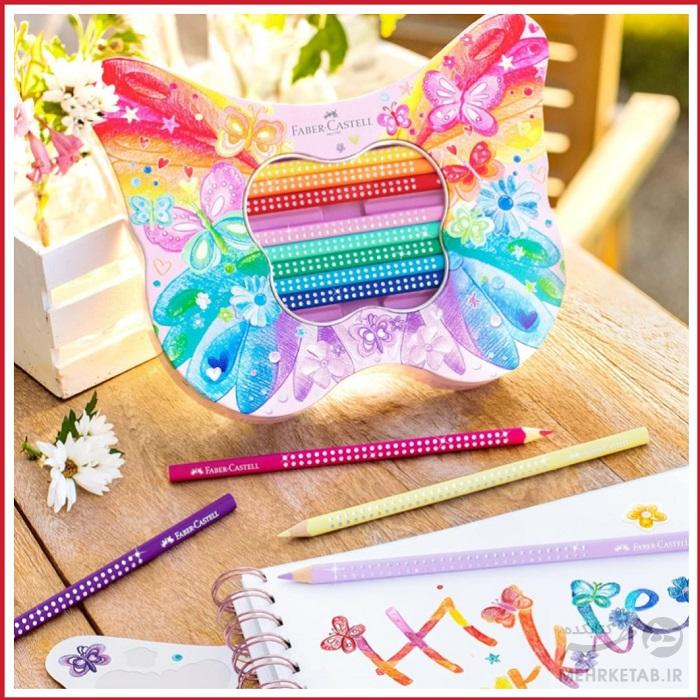 مداد رنگی 20 رنگ حرفه ای اسپارکل طرح پروانه فابر کاستل Faber-Castell Sparkle 20 Colouring Pencils in Butterfly Shape Tin - تصویر 2